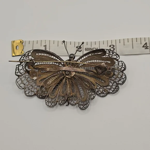 VTG Silver Filigree Butterfly Brooch Pin Pendant 1950s-60s Mid Century Jewelry - Picture 8 of 11